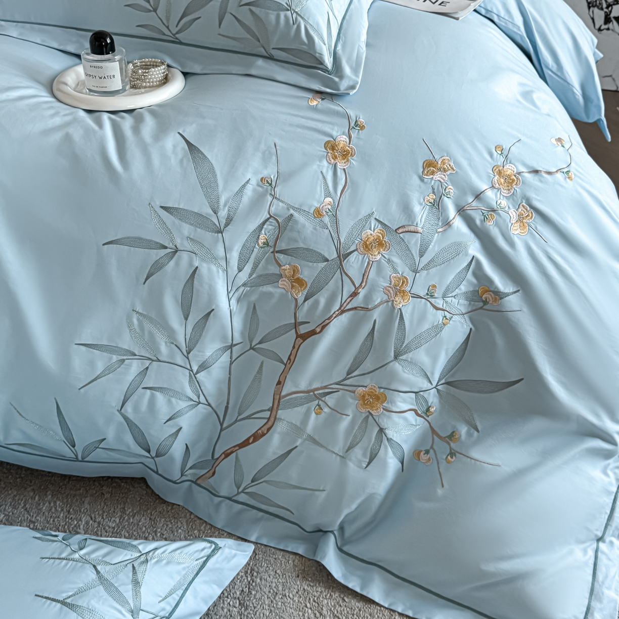 91家纺网 家纺一手货源 找家纺 湘雪家居 2026新款纯棉全棉长绒棉刺绣绣花高端礼盒四件套-竹韵系列 竹韵-水绿