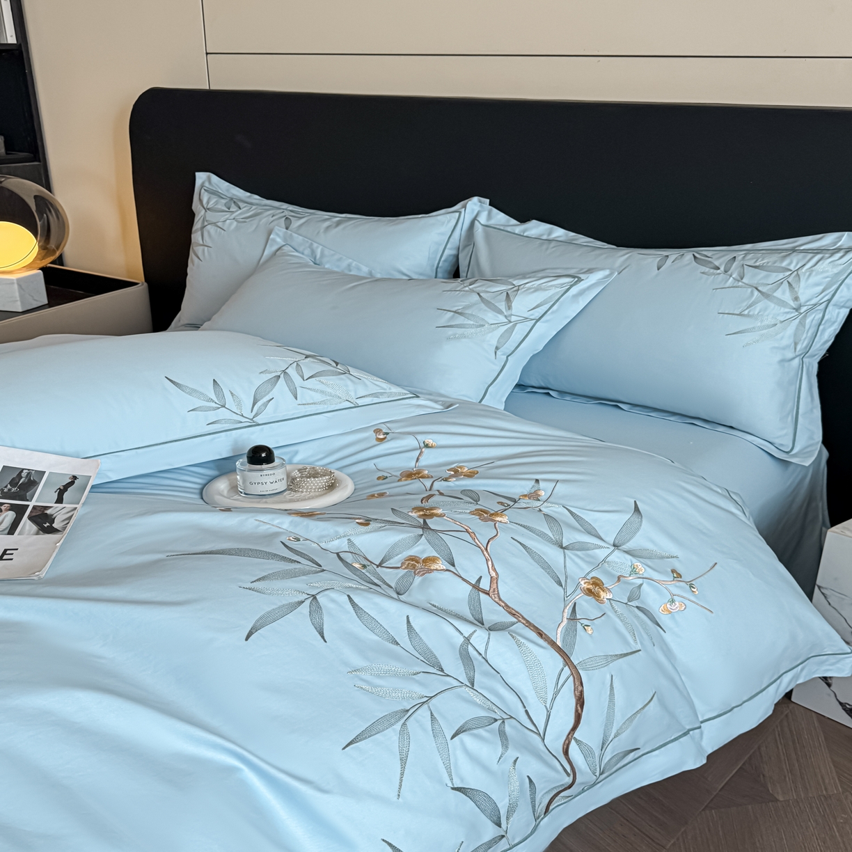 91家纺网 家纺一手货源 找家纺 湘雪家居 2026新款纯棉全棉长绒棉刺绣绣花高端礼盒四件套-竹韵系列 竹韵-水绿