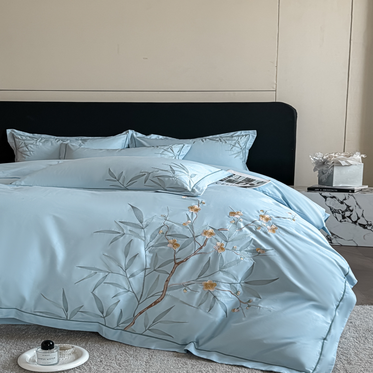 91家纺网 家纺一手货源 找家纺 湘雪家居 2026新款纯棉全棉长绒棉刺绣绣花高端礼盒四件套-竹韵系列 竹韵-水绿