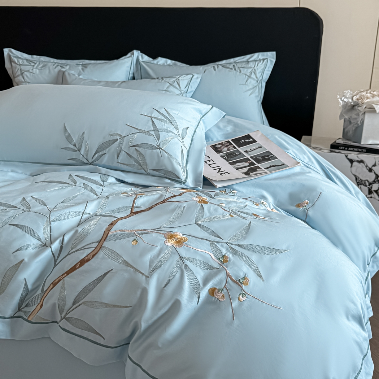 91家纺网 家纺一手货源 找家纺 湘雪家居 2026新款纯棉全棉长绒棉刺绣绣花高端礼盒四件套-竹韵系列 竹韵-水绿