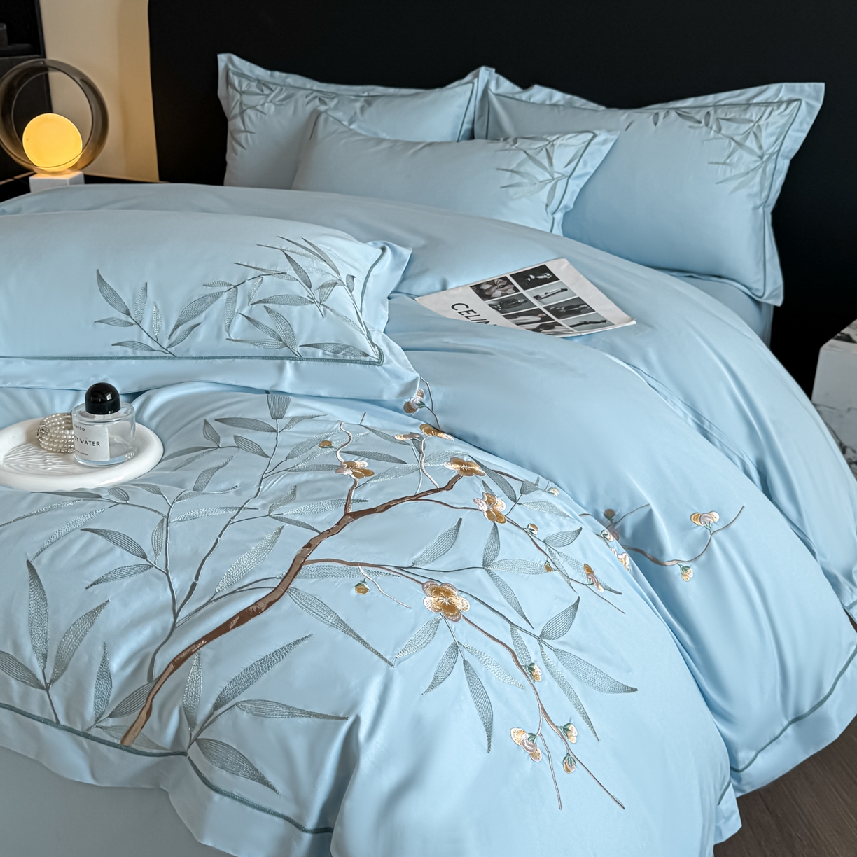 91家纺网 家纺一手货源 找家纺 湘雪家居 2026新款纯棉全棉长绒棉刺绣绣花高端礼盒四件套-竹韵系列 竹韵-水绿