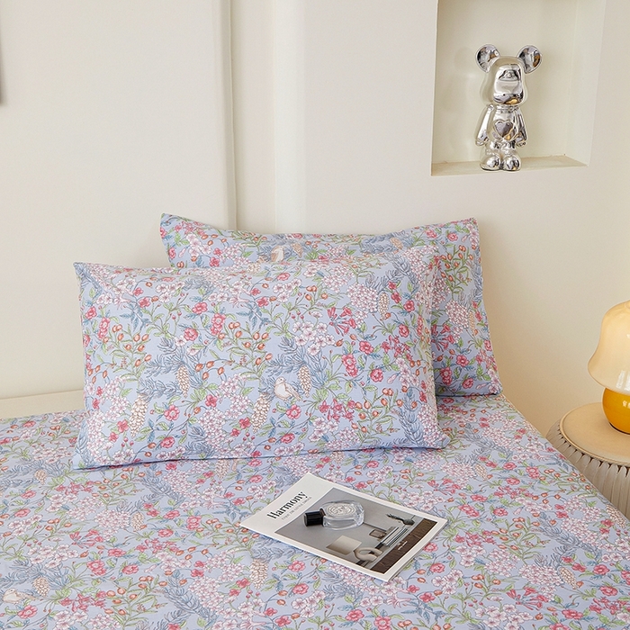 91家纺网 家纺一手货源 找家纺 一米阳光 2026年春夏新款小清新全AA版全棉纯棉四件套 爱怜说---蓝