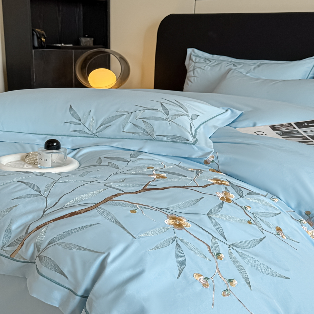 91家纺网 家纺一手货源 找家纺 湘雪家居 2026新款纯棉全棉长绒棉刺绣绣花高端礼盒四件套-竹韵系列 竹韵-水绿