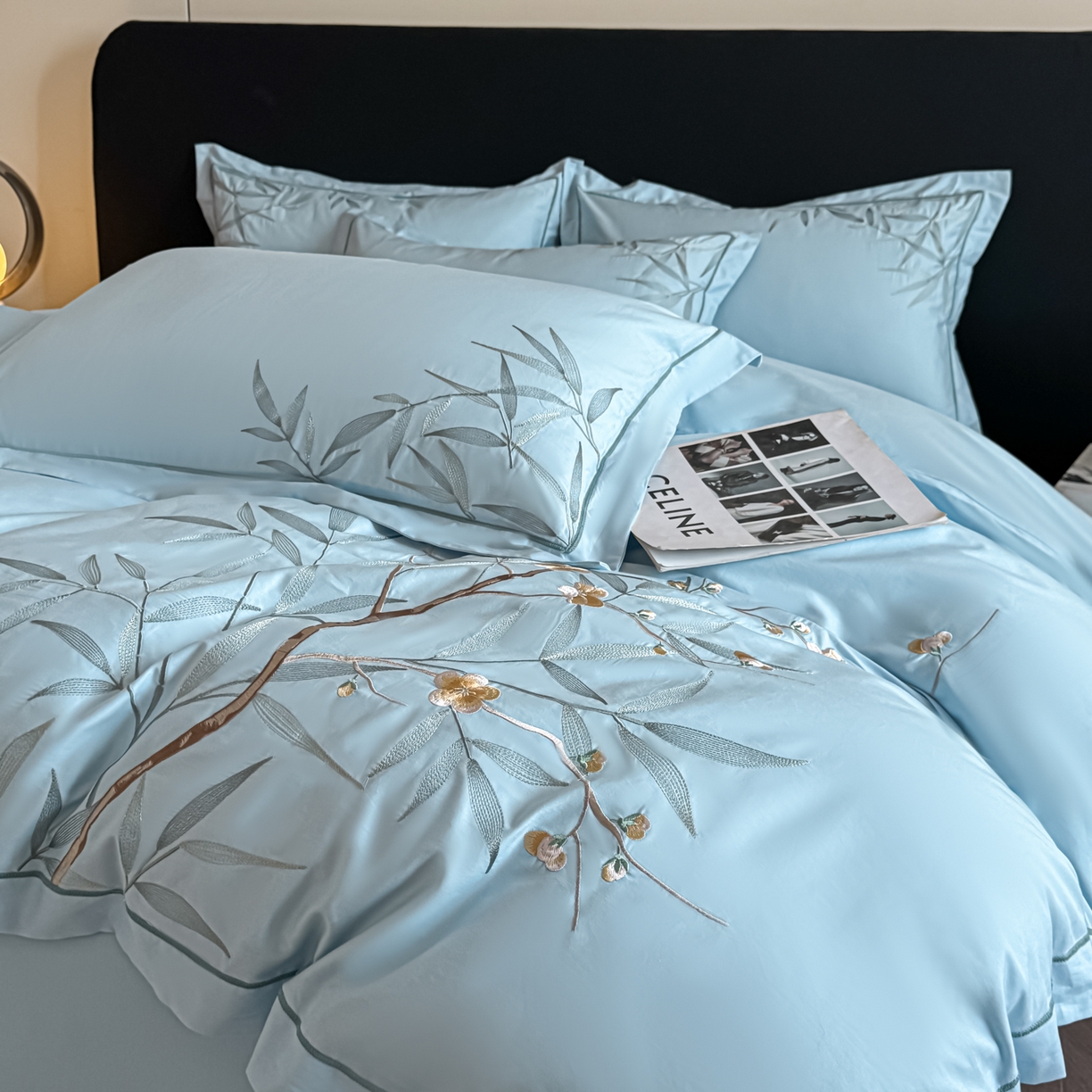 91家纺网 家纺一手货源 找家纺 湘雪家居 2026新款纯棉全棉长绒棉刺绣绣花高端礼盒四件套-竹韵系列 竹韵-水绿