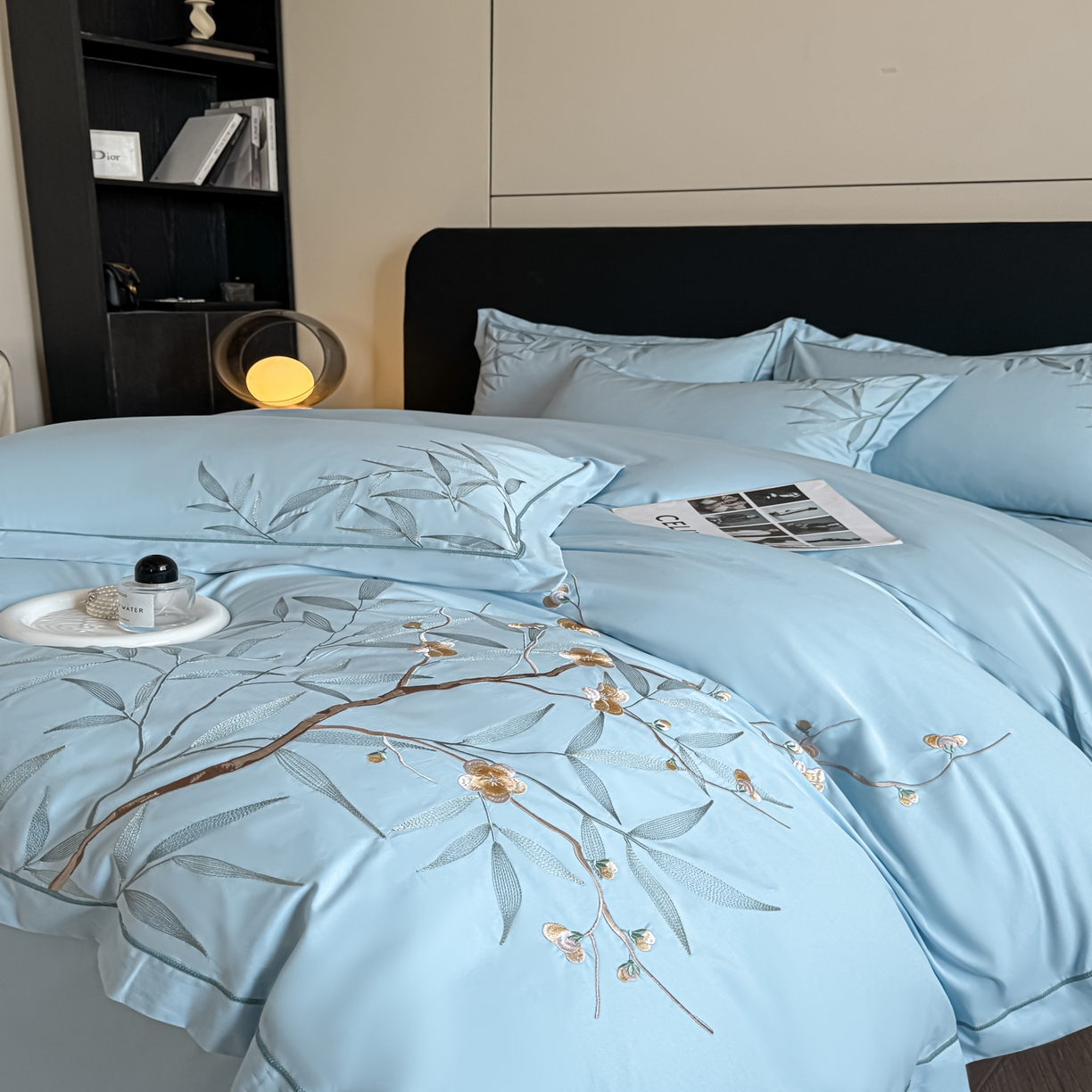 91家纺网 家纺一手货源 找家纺 湘雪家居 2026新款纯棉全棉长绒棉刺绣绣花高端礼盒四件套-竹韵系列 竹韵-水绿