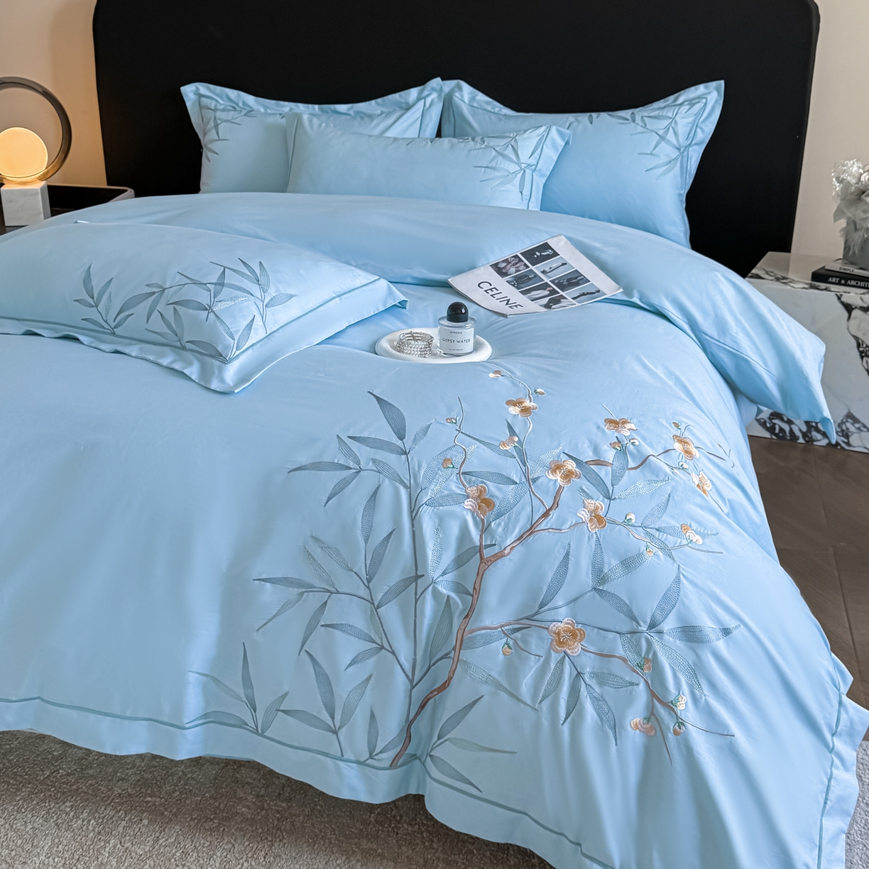 湘雪家居 2026新款纯棉全棉长绒棉刺绣绣花高端礼盒四件套-竹韵系列 竹韵-天空蓝