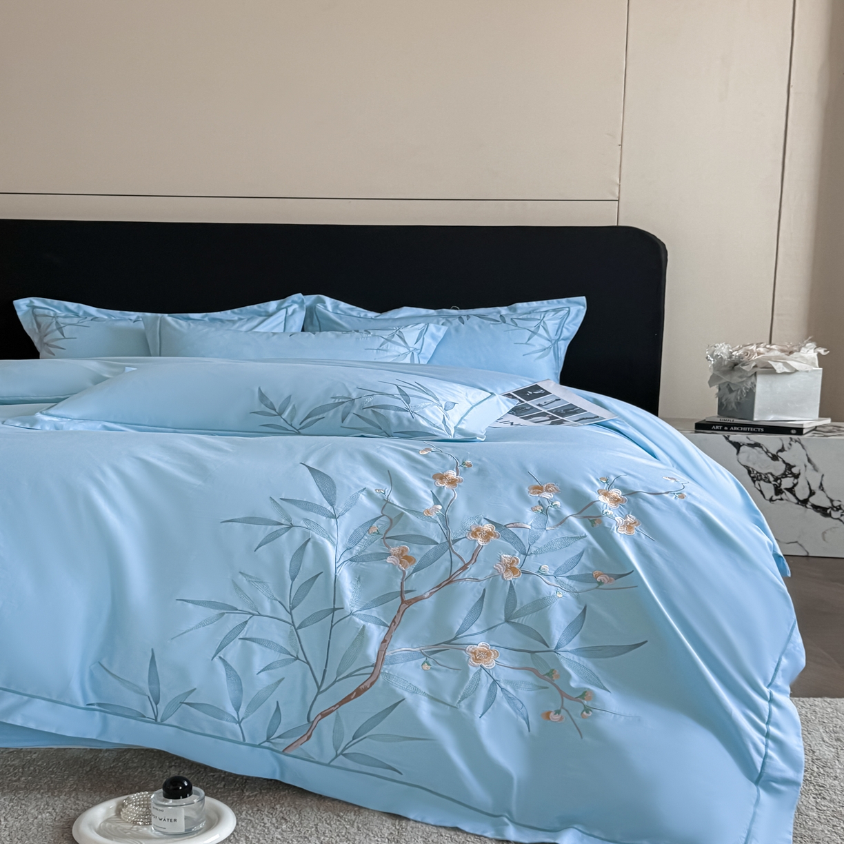 91家纺网 家纺一手货源 找家纺 湘雪家居 2026新款纯棉全棉长绒棉刺绣绣花高端礼盒四件套-竹韵系列 竹韵-天空蓝