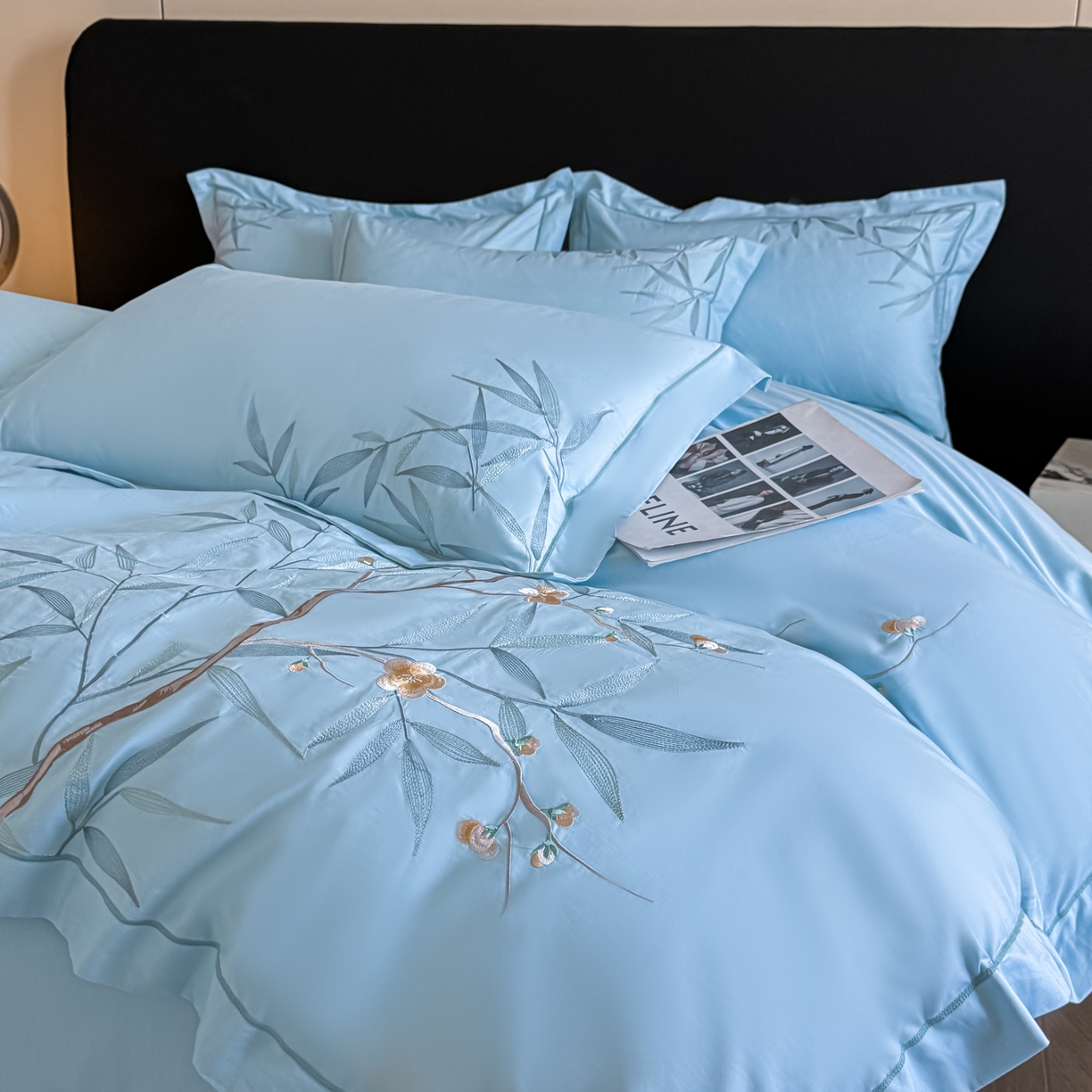 91家纺网 家纺一手货源 找家纺 湘雪家居 2026新款纯棉全棉长绒棉刺绣绣花高端礼盒四件套-竹韵系列 竹韵-天空蓝