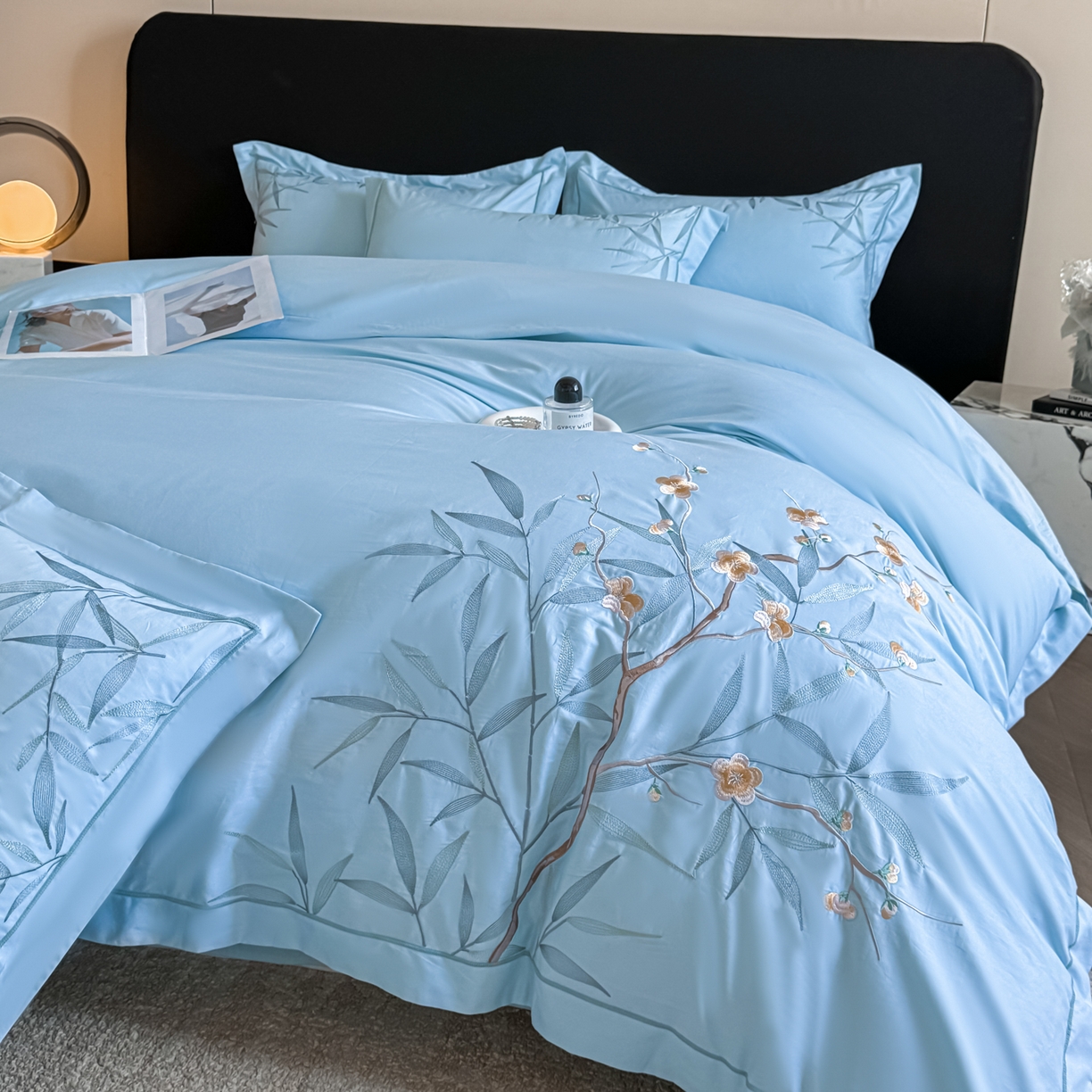 91家纺网 家纺一手货源 找家纺 湘雪家居 2026新款纯棉全棉长绒棉刺绣绣花高端礼盒四件套-竹韵系列 竹韵-天空蓝