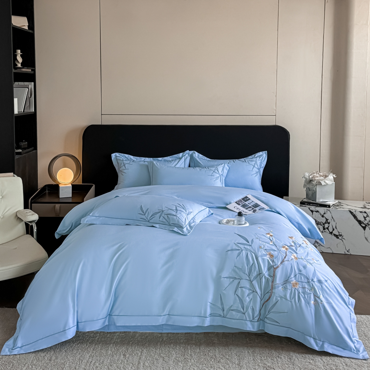 91家纺网 家纺一手货源 找家纺 湘雪家居 2026新款纯棉全棉长绒棉刺绣绣花高端礼盒四件套-竹韵系列 竹韵-天空蓝