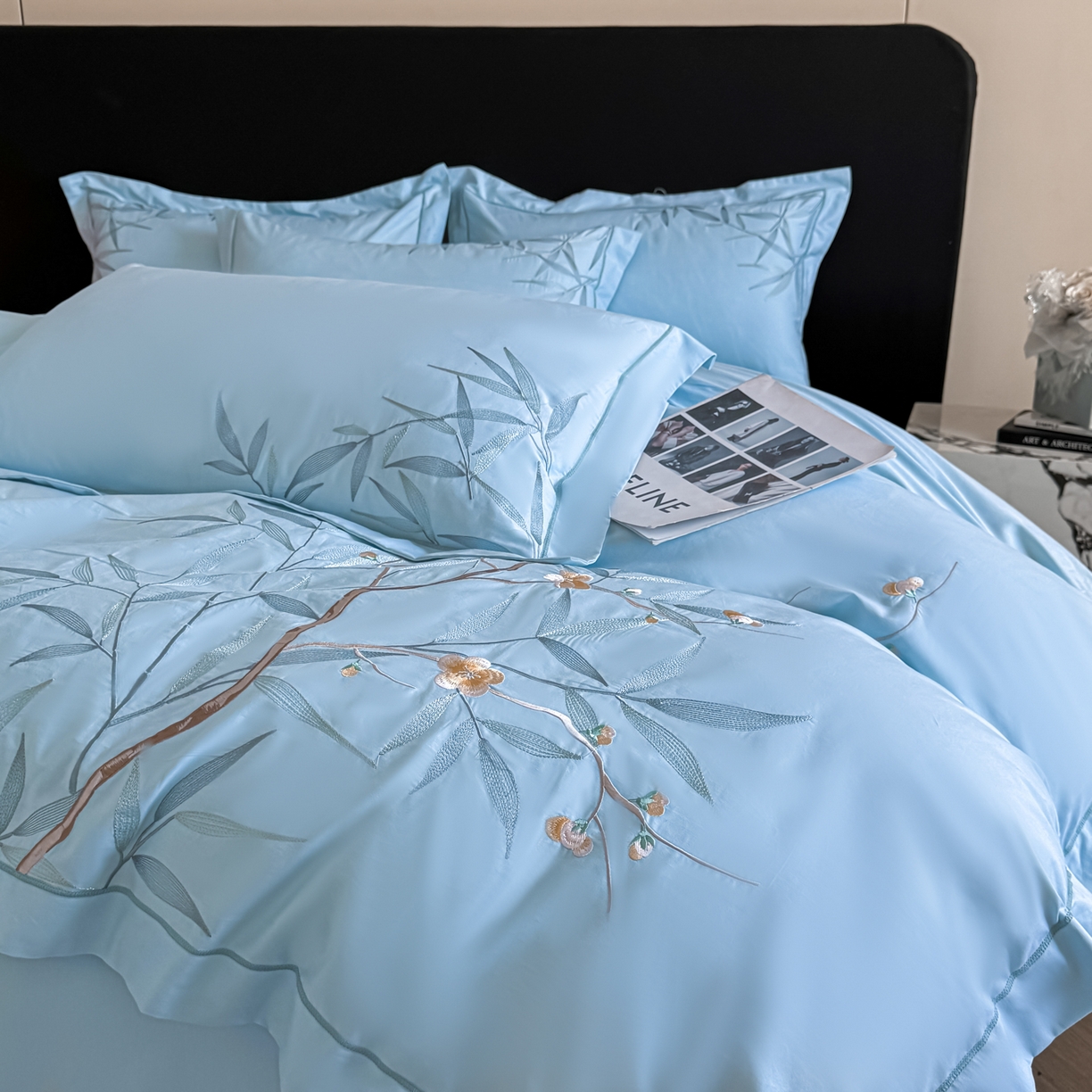 91家纺网 家纺一手货源 找家纺 湘雪家居 2026新款纯棉全棉长绒棉刺绣绣花高端礼盒四件套-竹韵系列 竹韵-天空蓝
