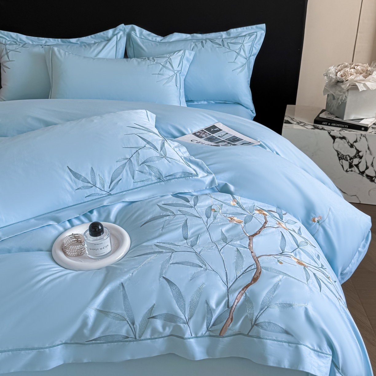 91家纺网 家纺一手货源 找家纺 湘雪家居 2026新款纯棉全棉长绒棉刺绣绣花高端礼盒四件套-竹韵系列 竹韵-天空蓝