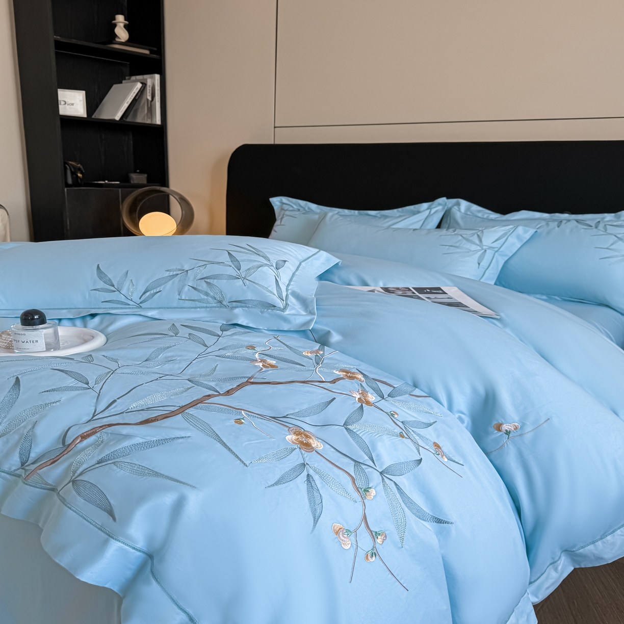 91家纺网 家纺一手货源 找家纺 湘雪家居 2026新款纯棉全棉长绒棉刺绣绣花高端礼盒四件套-竹韵系列 竹韵-天空蓝