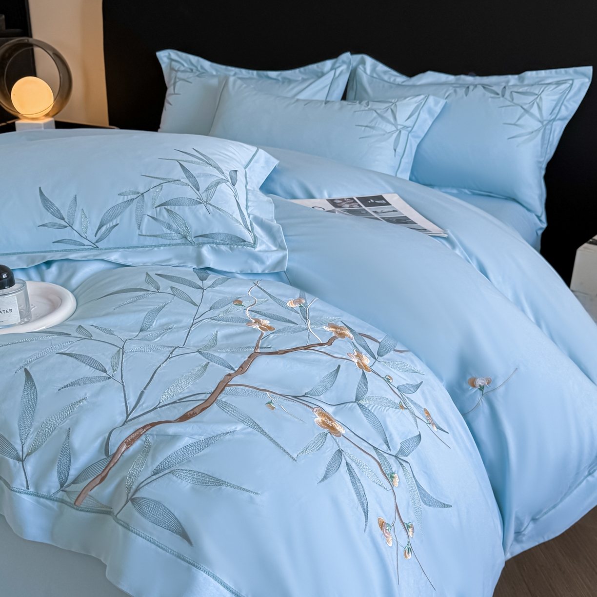 91家纺网 家纺一手货源 找家纺 湘雪家居 2026新款纯棉全棉长绒棉刺绣绣花高端礼盒四件套-竹韵系列 竹韵-天空蓝