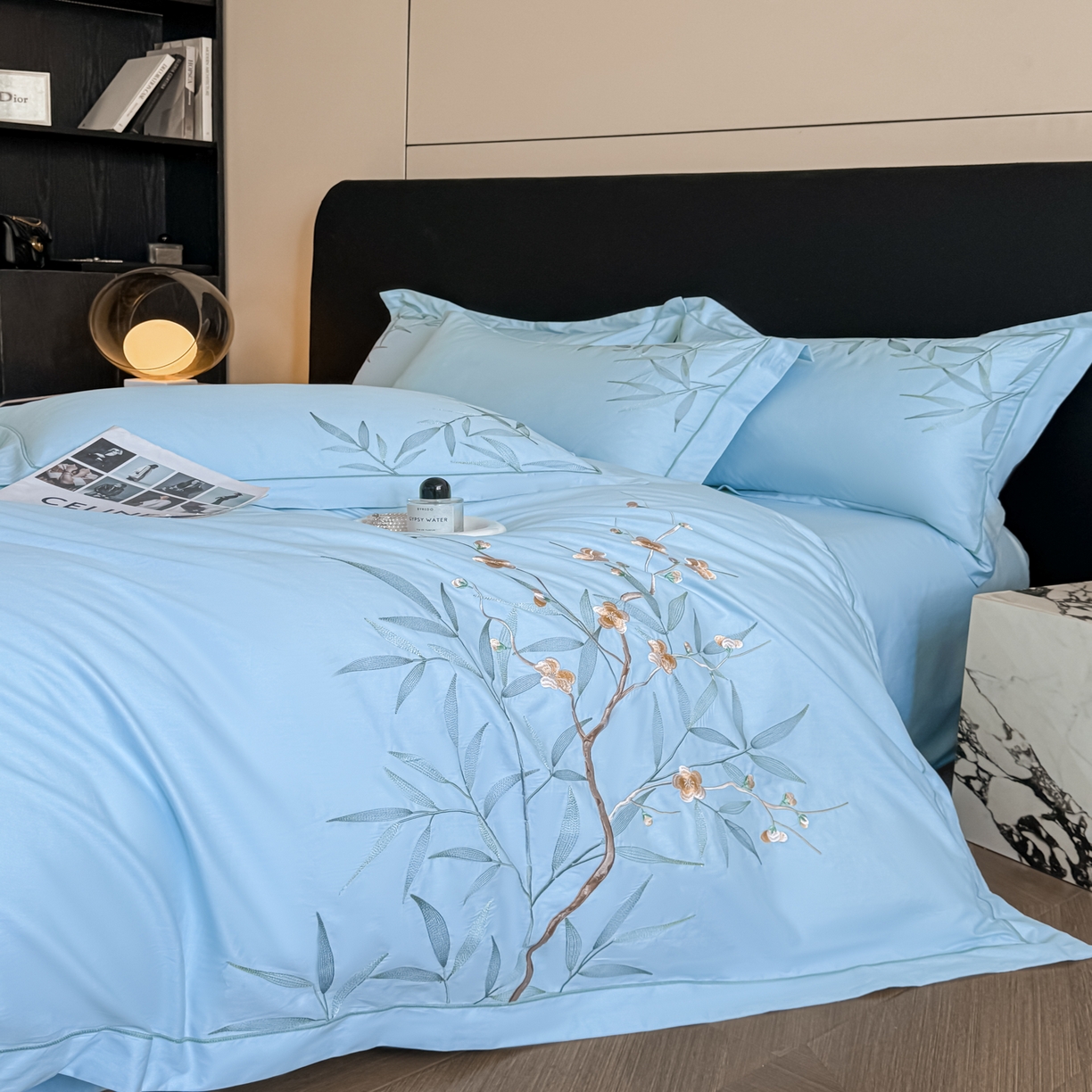 91家纺网 家纺一手货源 找家纺 湘雪家居 2026新款纯棉全棉长绒棉刺绣绣花高端礼盒四件套-竹韵系列 竹韵-天空蓝