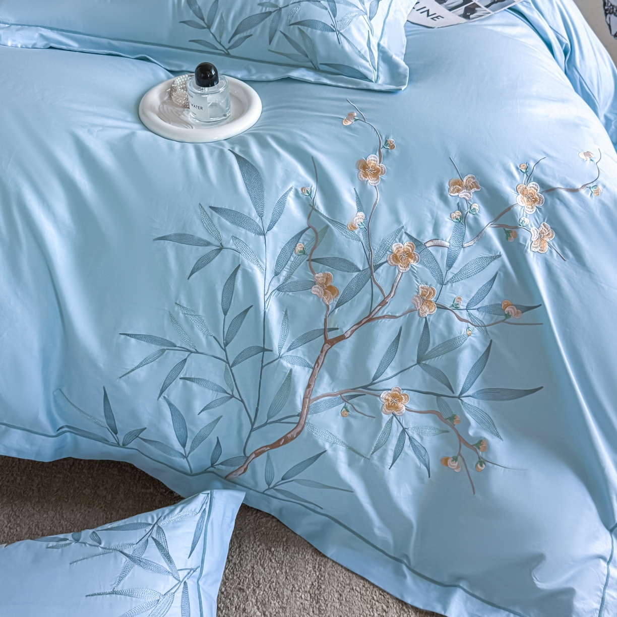 91家纺网 家纺一手货源 找家纺 湘雪家居 2026新款纯棉全棉长绒棉刺绣绣花高端礼盒四件套-竹韵系列 竹韵-天空蓝