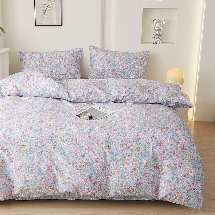 91家纺网 家纺一手货源 找家纺 一米阳光 2026年春夏新款小清新全AA版全棉纯棉四件套 爱怜说---蓝