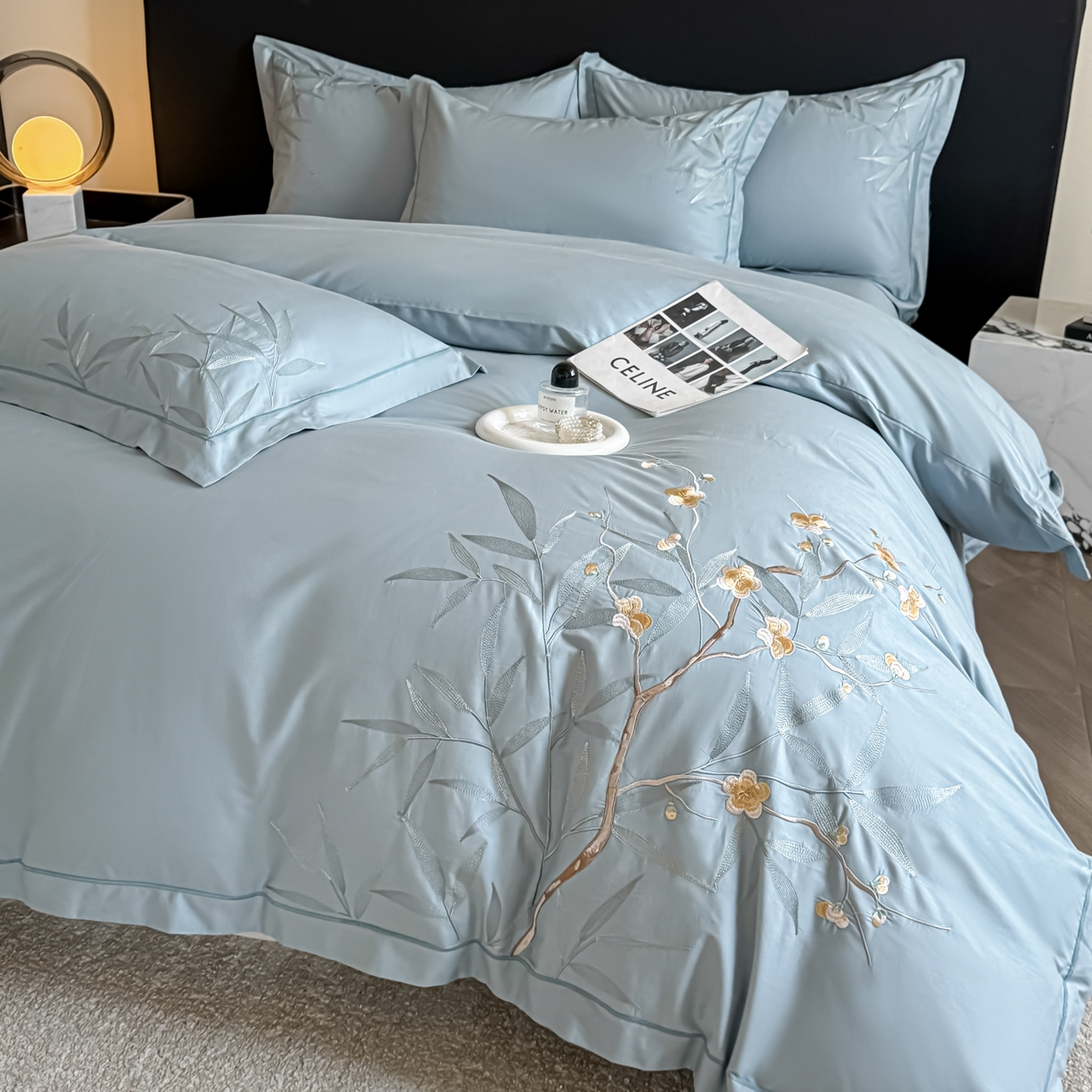 湘雪家居 2026新款纯棉全棉长绒棉刺绣绣花高端礼盒四件套-竹韵系列 竹韵-天青