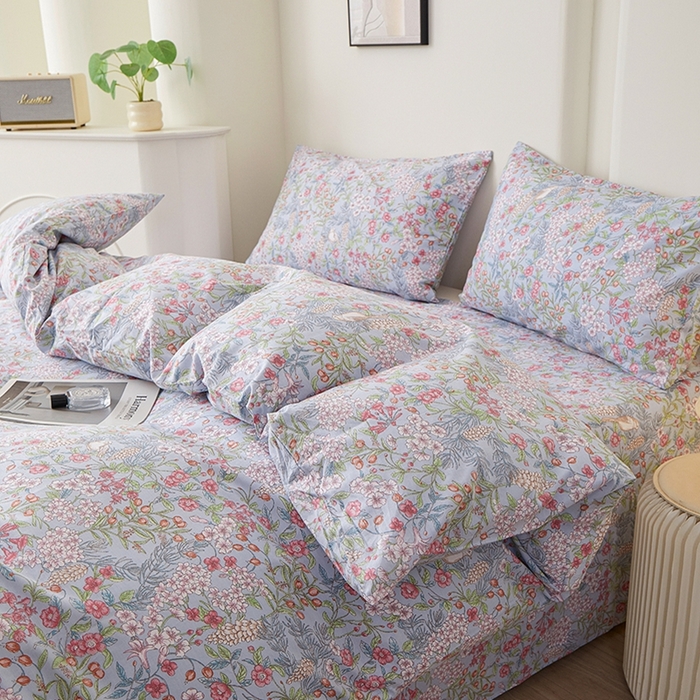 91家纺网 家纺一手货源 找家纺 一米阳光 2026年春夏新款小清新全AA版全棉纯棉四件套 爱怜说---蓝