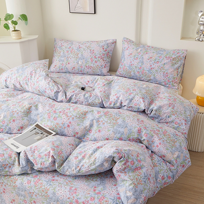 91家纺网 家纺一手货源 找家纺 一米阳光 2026年春夏新款小清新全AA版全棉纯棉四件套 爱怜说---蓝