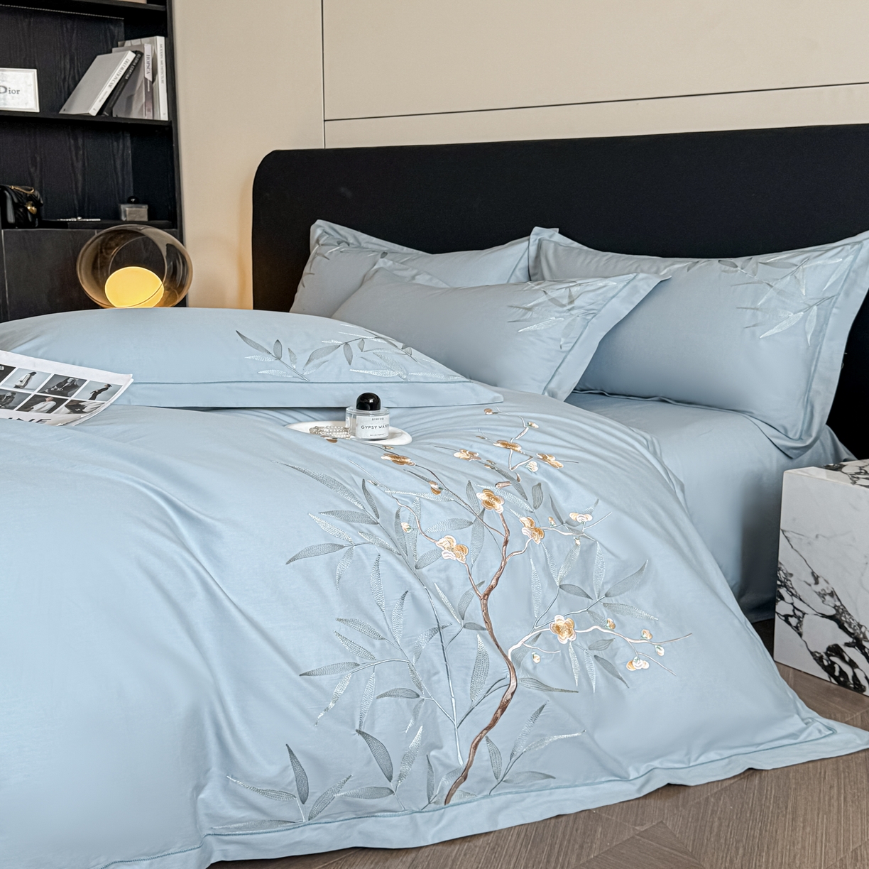 91家纺网 家纺一手货源 找家纺 湘雪家居 2026新款纯棉全棉长绒棉刺绣绣花高端礼盒四件套-竹韵系列 竹韵-天青