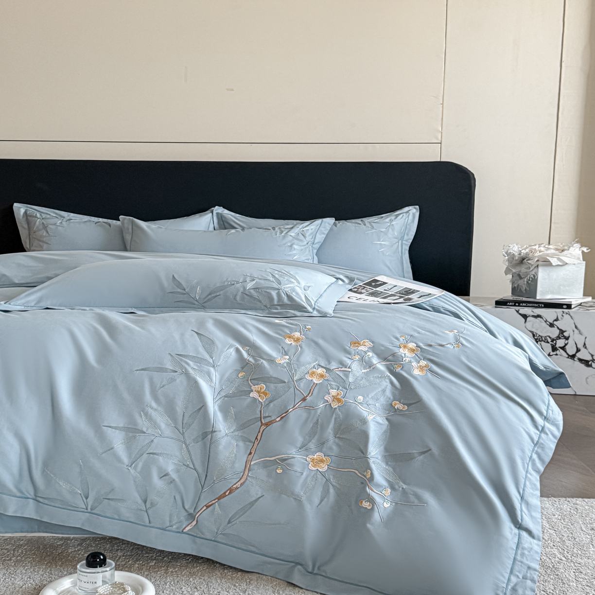 91家纺网 家纺一手货源 找家纺 湘雪家居 2026新款纯棉全棉长绒棉刺绣绣花高端礼盒四件套-竹韵系列 竹韵-天青