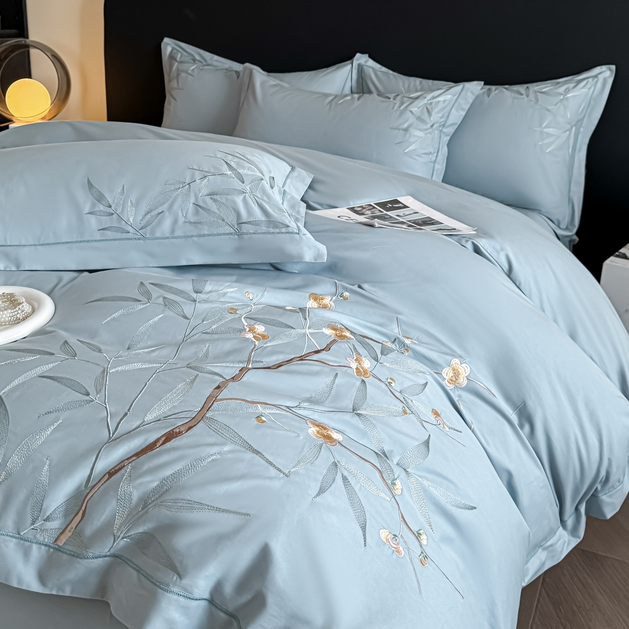 91家纺网 家纺一手货源 找家纺 湘雪家居 2026新款纯棉全棉长绒棉刺绣绣花高端礼盒四件套-竹韵系列 竹韵-天青