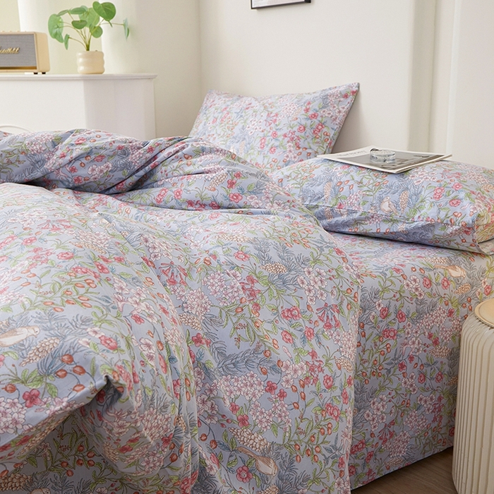 91家纺网 家纺一手货源 找家纺 一米阳光 2026年春夏新款小清新全AA版全棉纯棉四件套 爱怜说---蓝