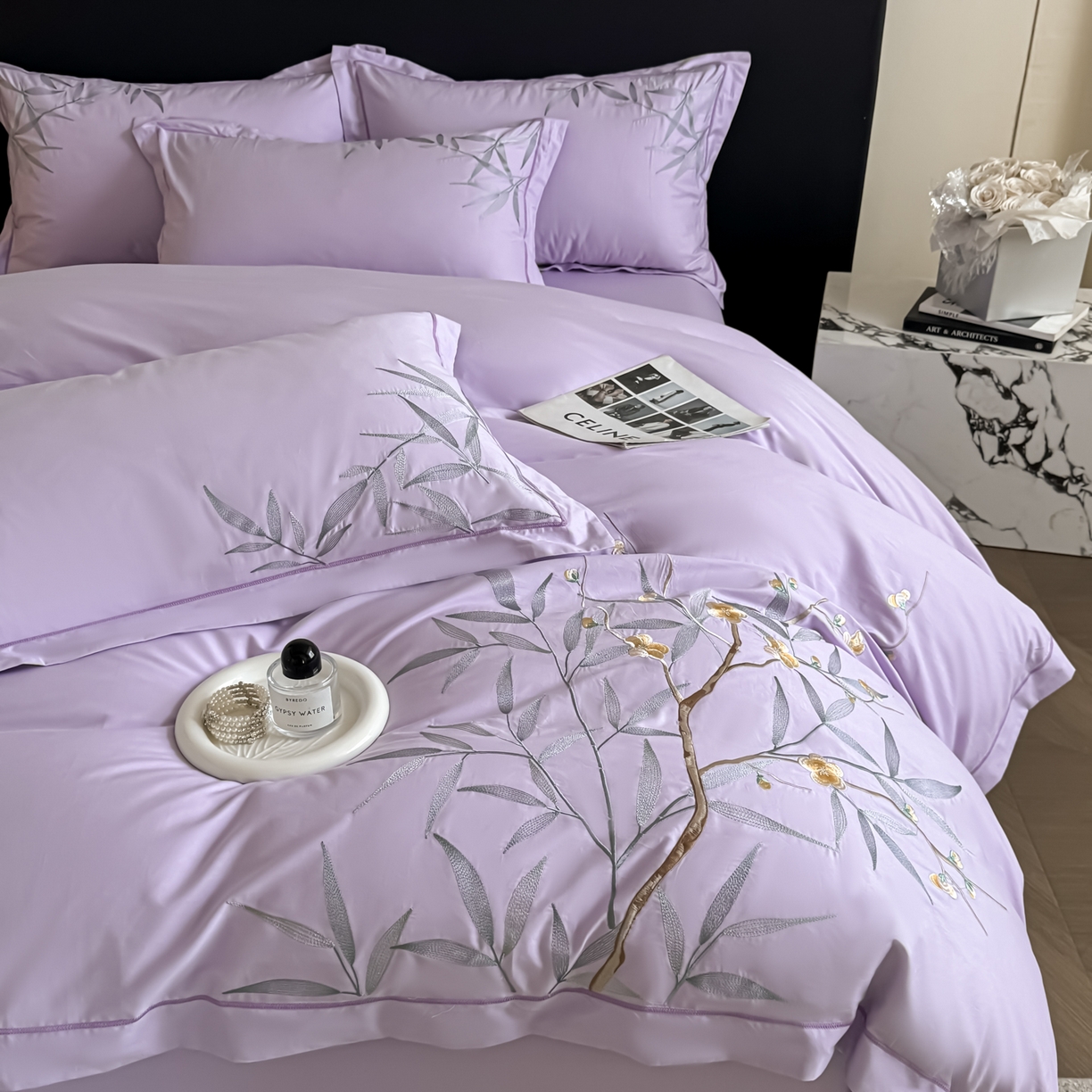 91家纺网 家纺一手货源 找家纺 湘雪家居 2026新款纯棉全棉长绒棉刺绣绣花高端礼盒四件套-竹韵系列 竹韵-熏韵紫