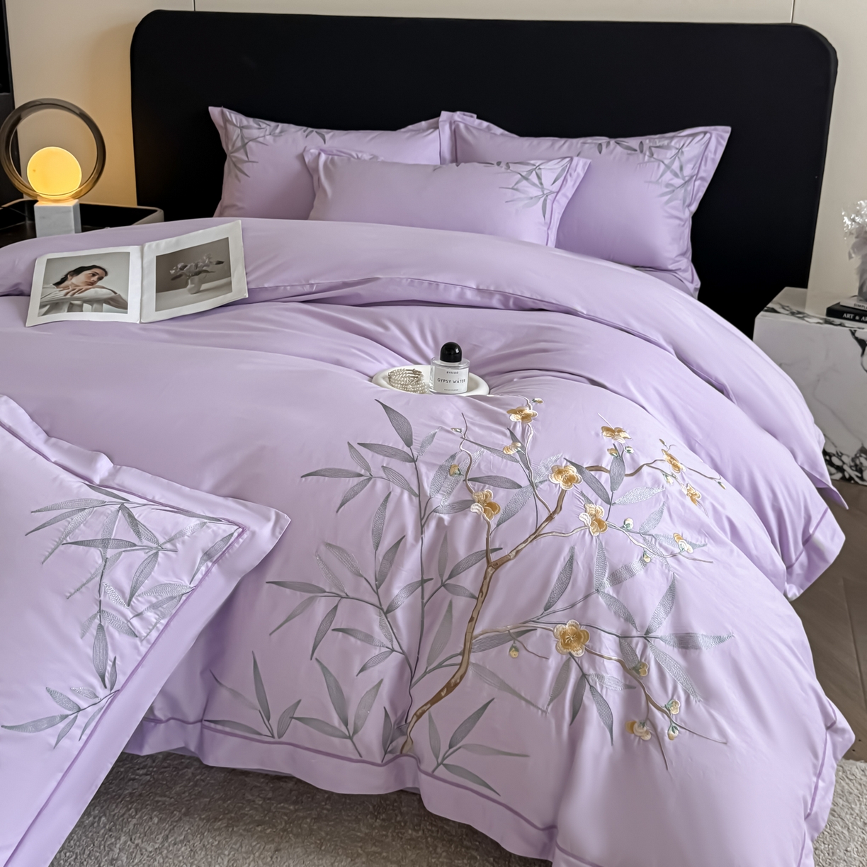 91家纺网 家纺一手货源 找家纺 湘雪家居 2026新款纯棉全棉长绒棉刺绣绣花高端礼盒四件套-竹韵系列 竹韵-熏韵紫