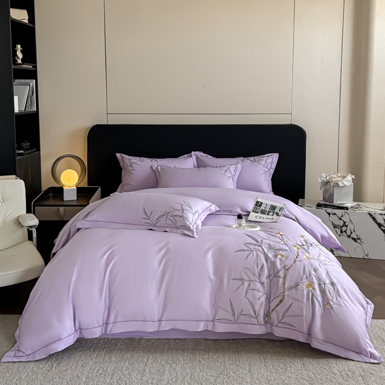 91家纺网 家纺一手货源 找家纺 湘雪家居 2026新款纯棉全棉长绒棉刺绣绣花高端礼盒四件套-竹韵系列 竹韵-熏韵紫