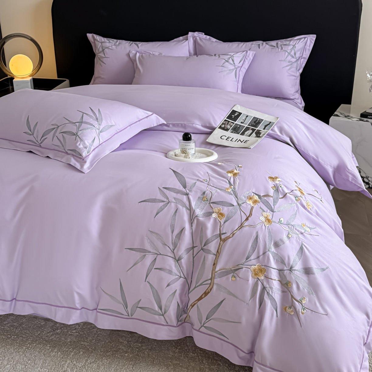 湘雪家居 2026新款纯棉全棉长绒棉刺绣绣花高端礼盒四件套-竹韵系列 竹韵-熏韵紫