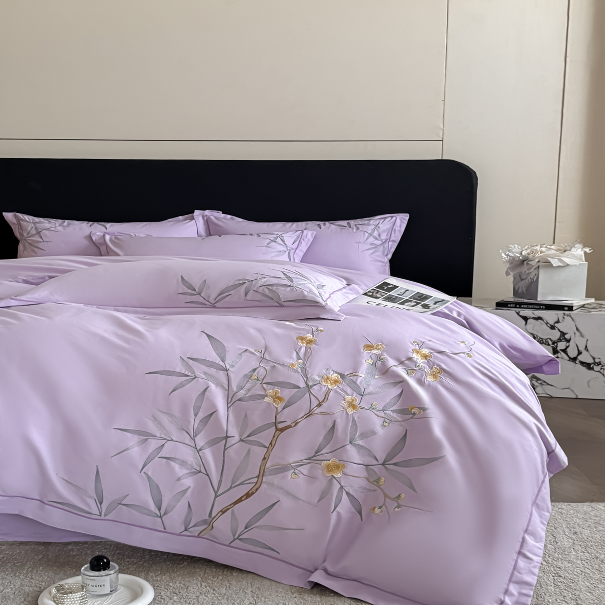 91家纺网 家纺一手货源 找家纺 湘雪家居 2026新款纯棉全棉长绒棉刺绣绣花高端礼盒四件套-竹韵系列 竹韵-熏韵紫