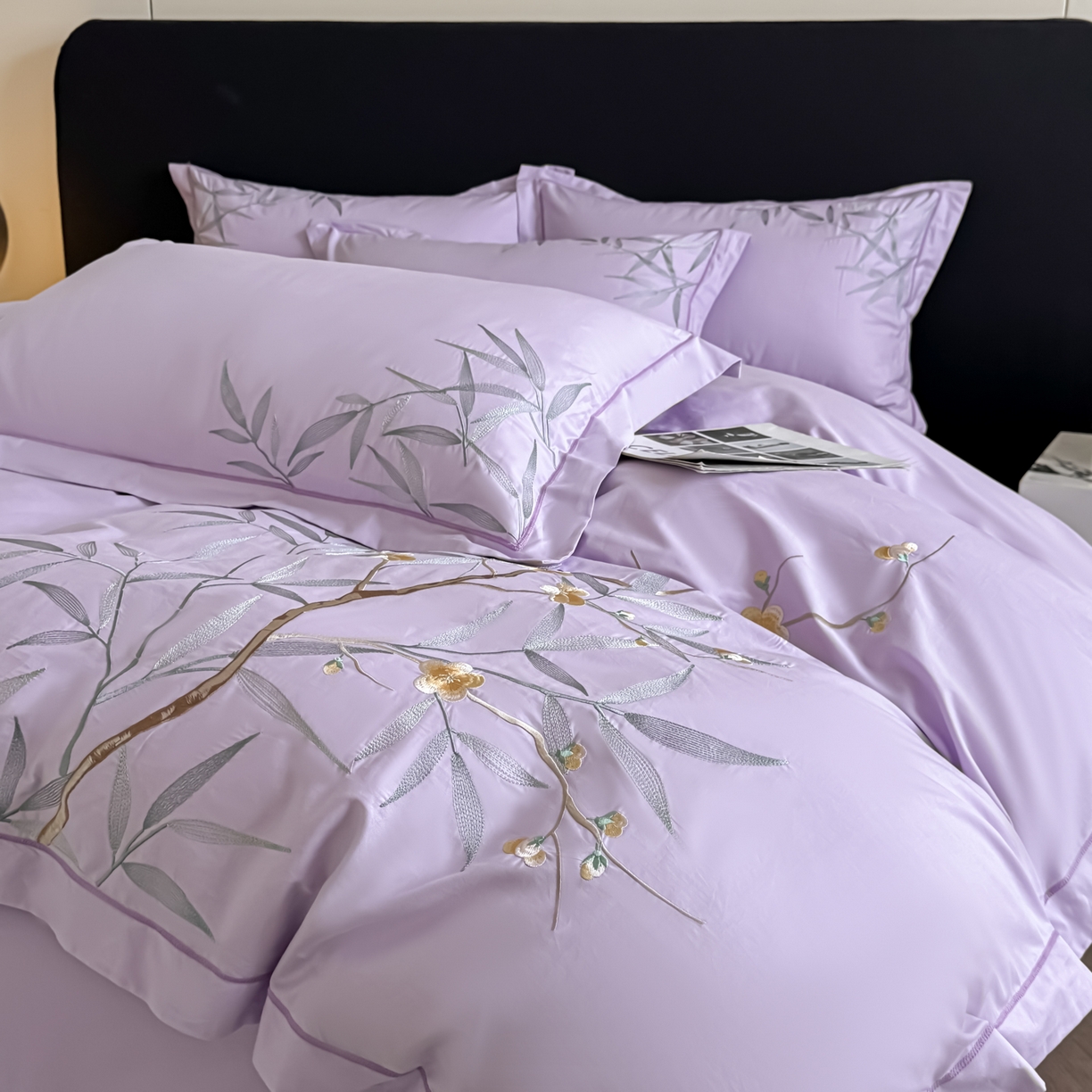 91家纺网 家纺一手货源 找家纺 湘雪家居 2026新款纯棉全棉长绒棉刺绣绣花高端礼盒四件套-竹韵系列 竹韵-熏韵紫