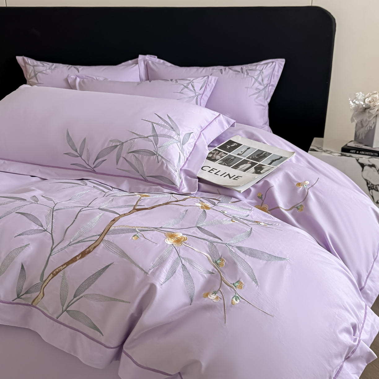 91家纺网 家纺一手货源 找家纺 湘雪家居 2026新款纯棉全棉长绒棉刺绣绣花高端礼盒四件套-竹韵系列 竹韵-熏韵紫