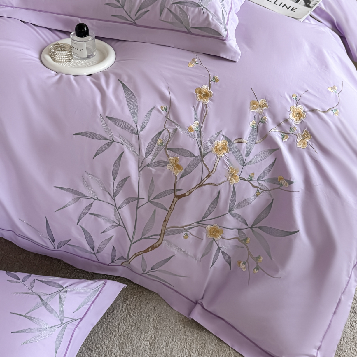 91家纺网 家纺一手货源 找家纺 湘雪家居 2026新款纯棉全棉长绒棉刺绣绣花高端礼盒四件套-竹韵系列 竹韵-熏韵紫