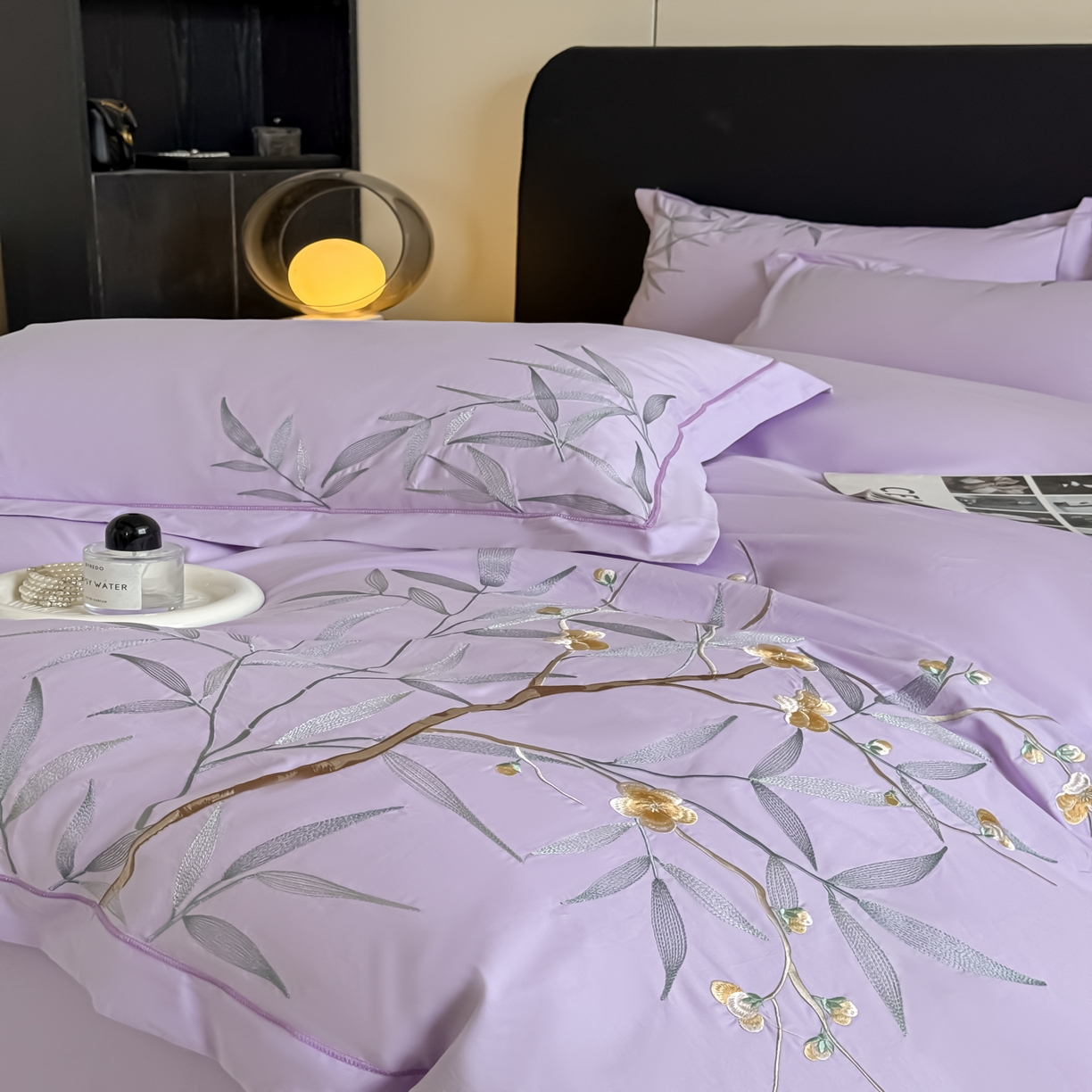 91家纺网 家纺一手货源 找家纺 湘雪家居 2026新款纯棉全棉长绒棉刺绣绣花高端礼盒四件套-竹韵系列 竹韵-熏韵紫