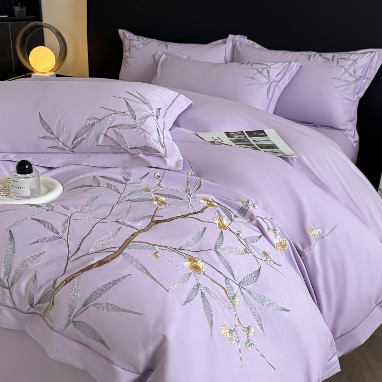 91家纺网 家纺一手货源 找家纺 湘雪家居 2026新款纯棉全棉长绒棉刺绣绣花高端礼盒四件套-竹韵系列 竹韵-熏韵紫