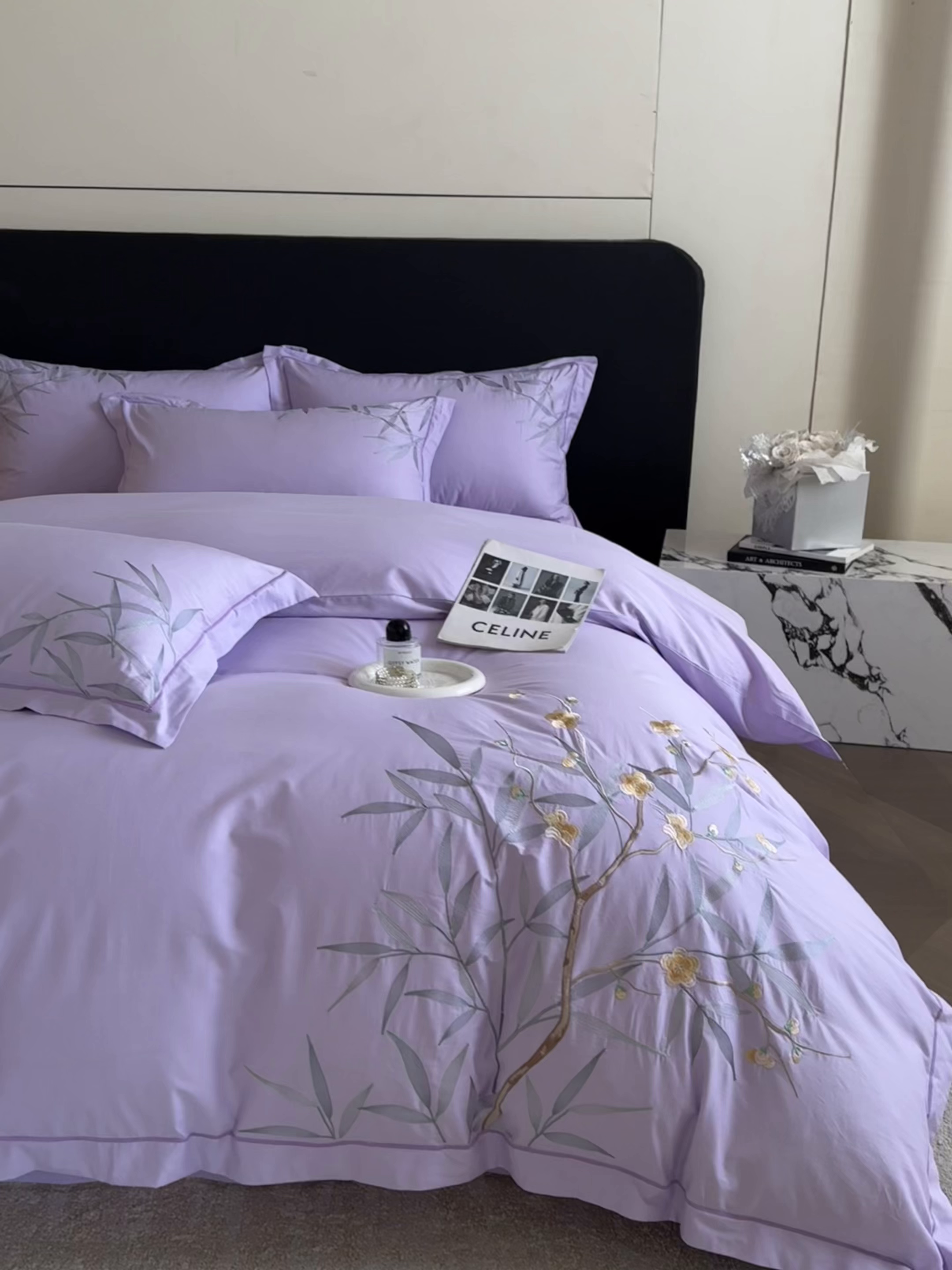 91家纺网 家纺一手货源 找家纺 湘雪家居 2026新款纯棉全棉长绒棉刺绣绣花高端礼盒四件套-竹韵系列 竹韵-熏韵紫