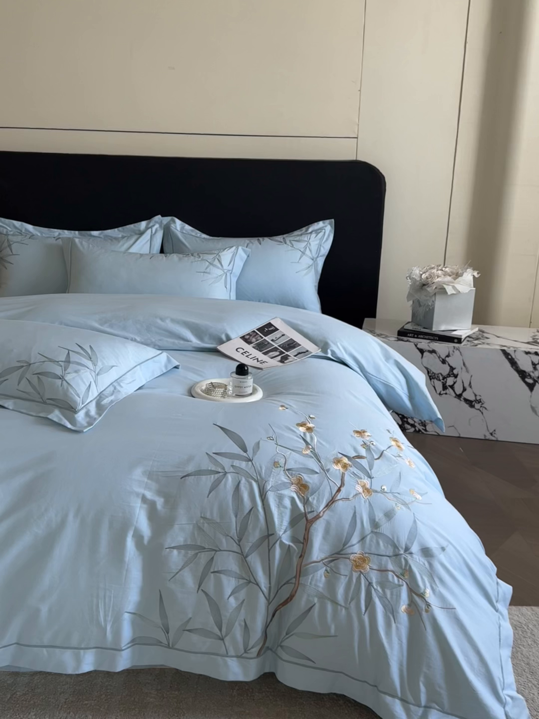 91家纺网 家纺一手货源 找家纺 湘雪家居 2026新款纯棉全棉长绒棉刺绣绣花高端礼盒四件套-竹韵系列 竹韵-水绿