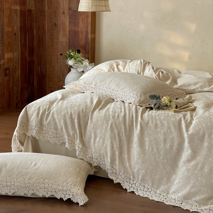 91家纺网 家纺一手货源 找家纺 （总）玛奇朵 2026新款棉麻佗寂之美法式花边四件套-禾沐春风