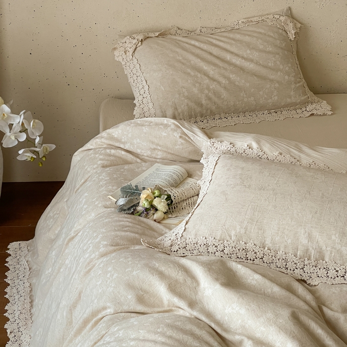 91家纺网 家纺一手货源 找家纺 （总）玛奇朵 2026新款棉麻佗寂之美法式花边四件套-禾沐春风