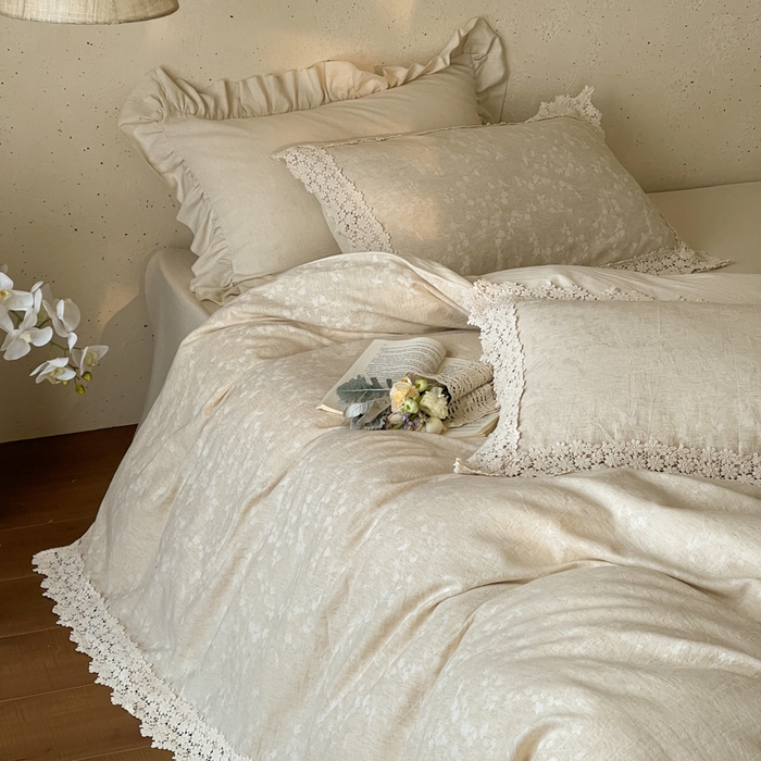 91家纺网 家纺一手货源 找家纺 （总）玛奇朵 2026新款棉麻佗寂之美法式花边四件套-禾沐春风