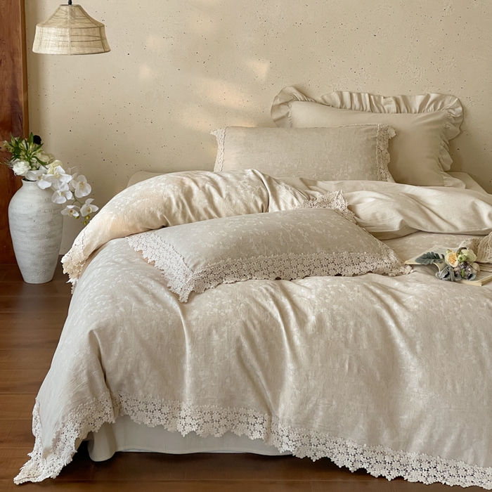 91家纺网 家纺一手货源 找家纺 （总）玛奇朵 2026新款棉麻佗寂之美法式花边四件套-禾沐春风