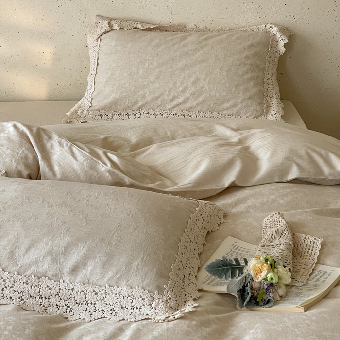 91家纺网 家纺一手货源 找家纺 （总）玛奇朵 2026新款棉麻佗寂之美法式花边四件套-禾沐春风