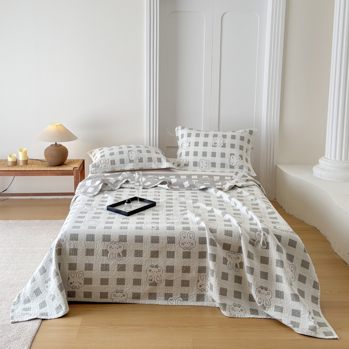 91家纺网 家纺一手货源 找家纺 乐家毛巾被（工厂自产自销） 2026新款精梳安心棉色织提花床盖毛巾被两用 格纹兔头床盖