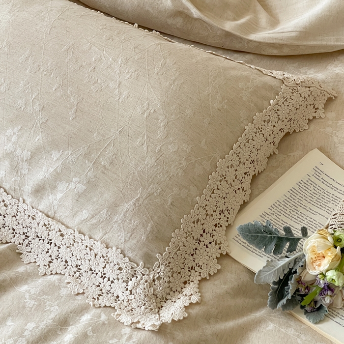 91家纺网 家纺一手货源 找家纺 （总）玛奇朵 2026新款棉麻佗寂之美法式花边四件套-禾沐春风