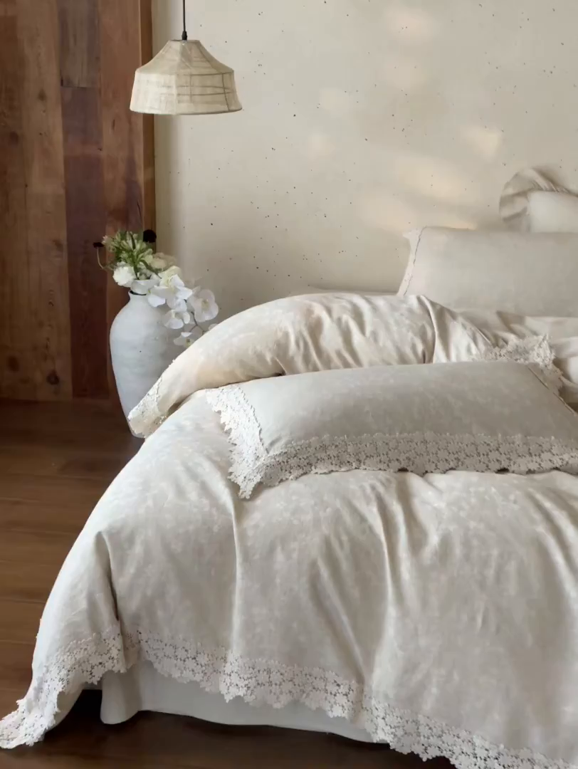 91家纺网 家纺一手货源 找家纺 （总）玛奇朵 2026新款棉麻佗寂之美法式花边四件套-禾沐春风