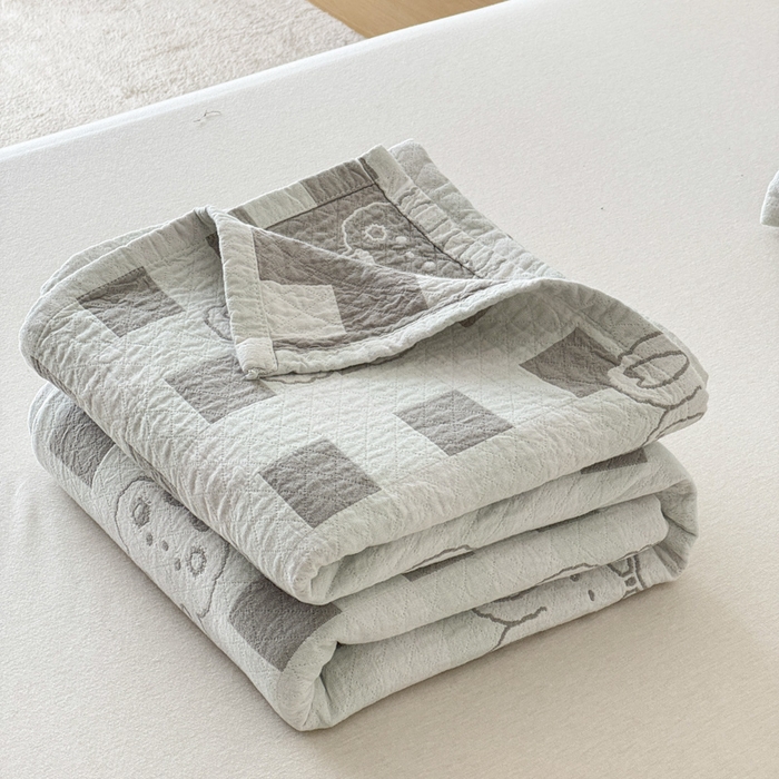 91家纺网 家纺一手货源 找家纺 乐家毛巾被（工厂自产自销） 2026新款精梳安心棉色织提花床盖毛巾被两用 格纹兔头床盖