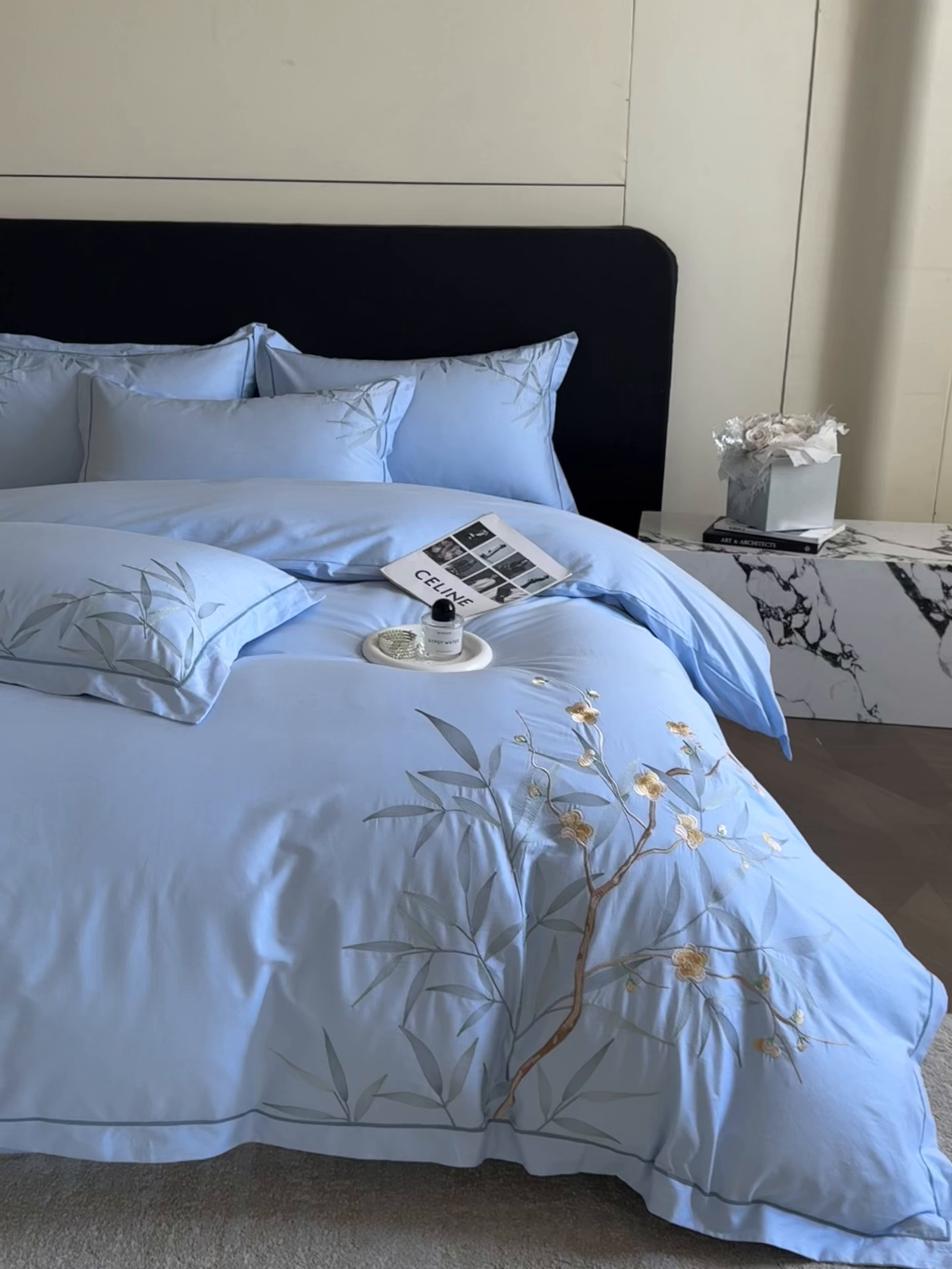 91家纺网 家纺一手货源 找家纺 湘雪家居 2026新款纯棉全棉长绒棉刺绣绣花高端礼盒四件套-竹韵系列 竹韵-天空蓝